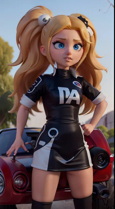 1chicas hermosa blonde con ojos azul, con ropa deportiva tipo de carreas arriba de un automovil blanco con negro estilo cartoon color morado con toques rosas y de fondo en una autopista estilo cartoon muy similar a CTR de crash team racing, con un toque mu...