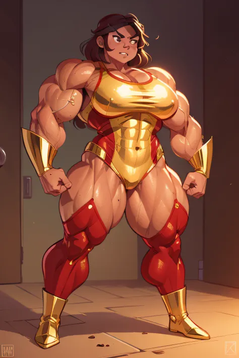 Mexican muscle woman flexing muscles wearing gold superhero outfit, muscle woman, big muscles, huge muscles, massive muscles, mature woman