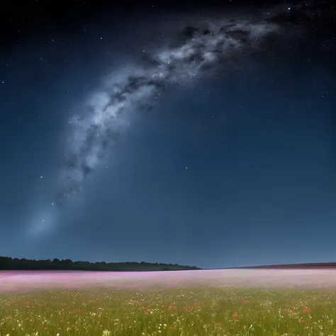 Campo de flores na pradaria, Night of clear and starry sky with full moon, lindissima imagem, 8k, sharper, riqueza de detalhes, ..RAW, flat image with sky and meadow in background, profundidade de campo