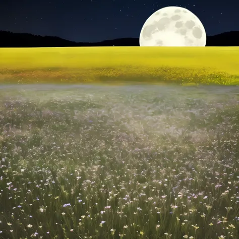 Campo de flores na pradaria, Night of clear and starry sky with full moon, lindissima imagem, 8k, sharper, riqueza de detalhes, ..RAW, flat image with sky and meadow in background, profundidade de campo