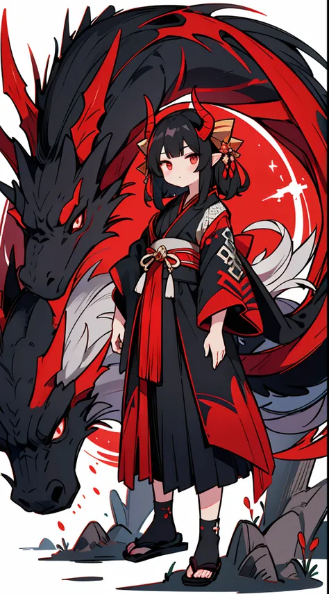 Black hair and silver eyes、It has five red-black horns and a dragon tail on its head., Wearing something that looks like a combination of kimono and clothes, Colorful, ultra-detailliert, high-level image quality