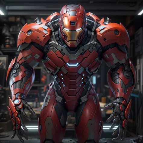 Superior Marvels Iron Man photography, biomechanical, Complex Robot, Full growth, hyper realistic, Crazy little details, extremely clean lines, Cyberpunk aesthetic, Masterpiece featured at Zbrush Central. His armor is pure Orange chrome titanium, a futuris...