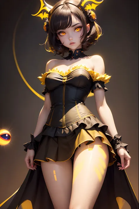 Best, Masterpiece, High Resolution, Best Quality, Ultra HD, Super Detail, Award-Standing, 16k, Solo, (Upper Body), Anatomically Correct, Beautiful succubus Maiden, Cute Face, Highlights, Gradient short black Hair, Hair Strands, (((Glowing yellow eyes))), L...