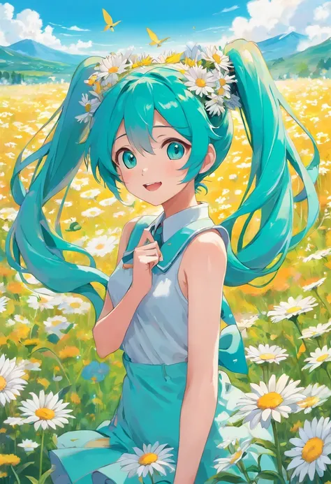 hatsune miku, in a field of flowers, daisies, surrounded by daisies, happy hatsune miku face, in joy