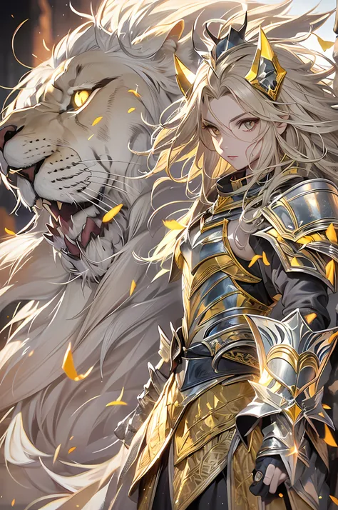 Lion knight, fine armor, intricate design, yellow details, silk, cinematic lighting, 4k, floating hair, sharp, prism, shining knight