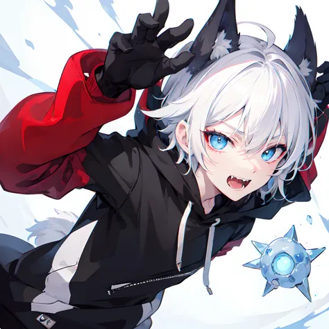 1Boy, Boyish, Catboy, Fangs Showing, Ultra-detailed Ice-colored Dragon Eyes, Eye-focus, Snow-White Hair, Head Shot, Cute Expression, Tight Hoodie, Plain Background