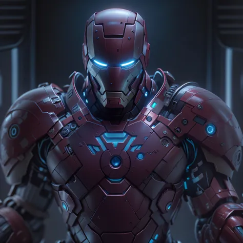 Superior Marvels Iron Man photography, biomechanical, Complex Robot, Full growth, hyper realistic, Crazy little details, extremely clean lines, Cyberpunk aesthetic, Masterpiece featured at Zbrush Central. His armor is pure Purple chrome titanium, a futuris...