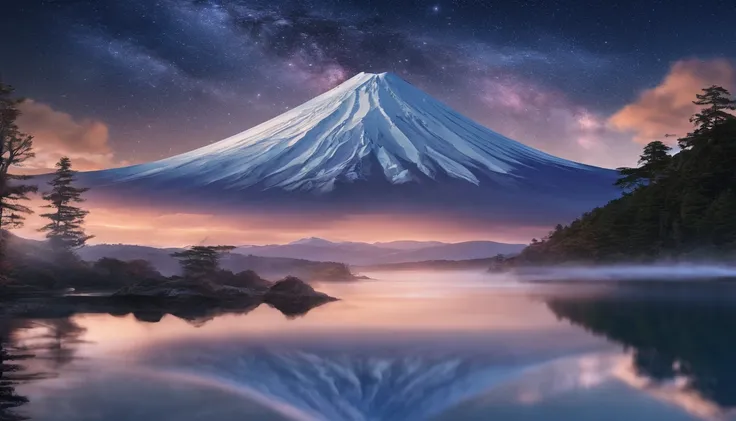 Master Parts、Superior Quality、superior image quality、The 8k quality、Beautiful pictures of the starry sky、magnifica、Arched Milky Way:1.9、Mt fuji、Blue glowing lake:1.9