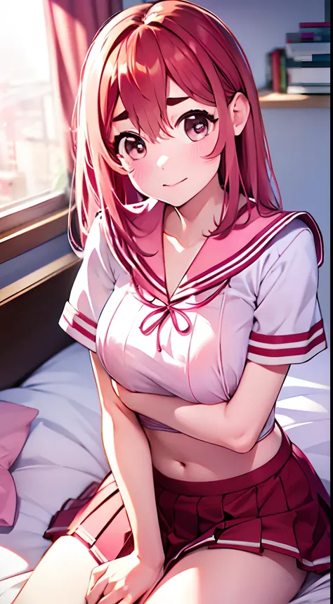 beautiful illustration、top-quality、Cute little girl s、bedroom、A pink-haired、length hair、(((Pink pleated skirt)))、(((pink sailor suit)))、shortsleeves、huge tit、a navel、Flipping up the skirt with your hands、Show white panties、Pull up your skirt and show your ...