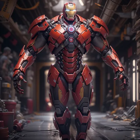 Superior Marvels Iron Man photography, biomechanical, Complex Robot, Full growth, hyper realistic, Crazy little details, extremely clean lines, Cyberpunk aesthetic, Masterpiece featured at Zbrush Central. His armor is pure Orange chrome titanium, a futuris...