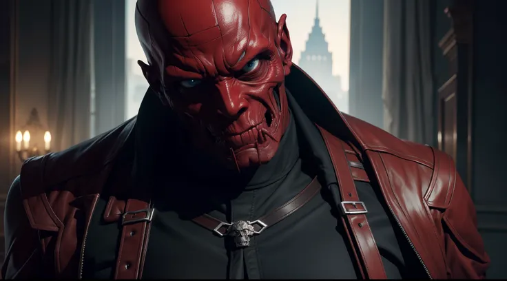 Red Skull, CGI with clear focus, Photorealistic, high detail, Realistic, Masterpiece, absurdress, Best Quality, HDR, hiquality, hight resolution, Extremely detailed, 8k wallpaper, intricate details, 8K UHD, Full-HD, (foto realista:1.2), Contrast, sharp lig...