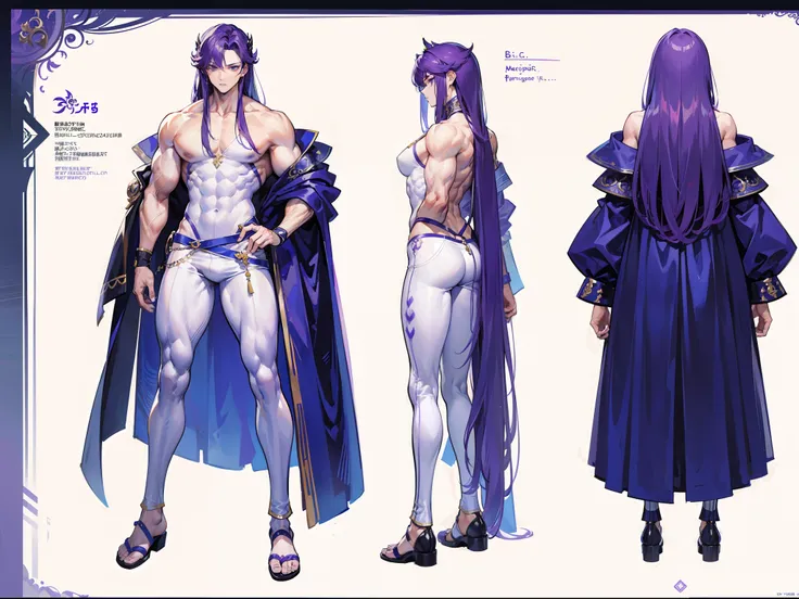 ((Masterpiece, Highest quality)), Detailed face, character design sheet， full bodyesbian, Full of details, frontal body view, back body view, Highly detailed, Depth, Many parts, Muscle boy with long purple hair with long bangs，handsome man, muscle body, wh...