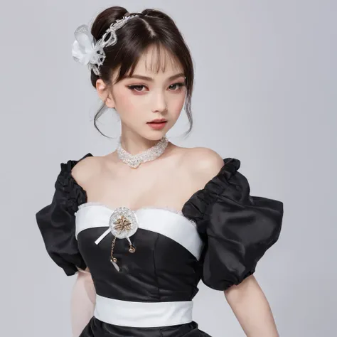 sweet looking japanese girl in a princess dress thats fully black, white shiny cute jewelry and chains and hairclips adorn her dress, her hair is tied half up in a ponytail with white ribbon, she has white thigh highs on with black high heels.