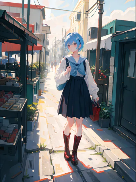 1girl, short blue hair, red eyes, wearing white japanese uniform, red chess texture skirt, leather high heel shoes boots, black stockings, shes getting out from her house desperately, shes on the right side of the screen, she is messed up, high top view an...