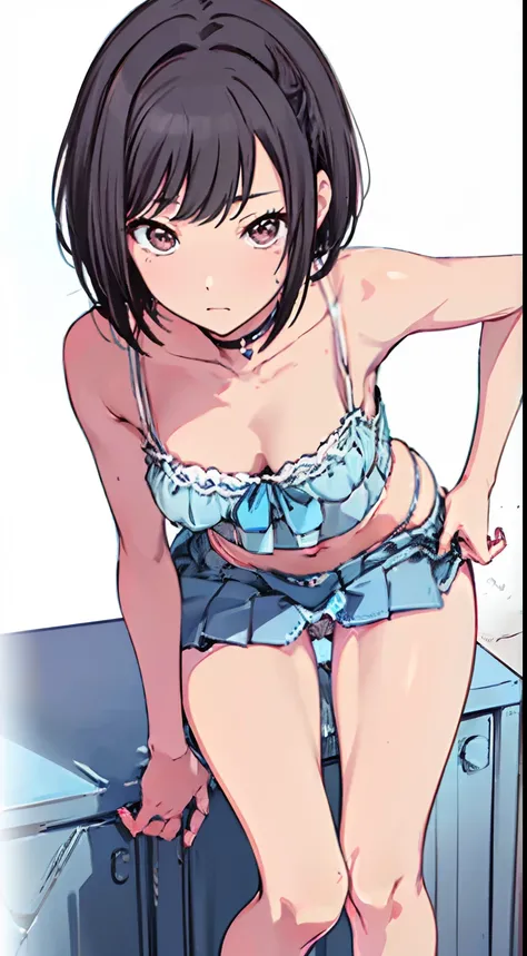 (Light blue camisole　Pull up the skirt to show light yellow panties　The bra is visible　Gravure Pose　Very detailed down to the smallest detail　clear outlines　Beautiful face　Beautiful skin)  thin-waist　A slender　ribbed　skinny limbs　teats　cleavage of the brea...