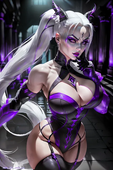 ((Sindel from mortal kombat series))(she has big glowing white eyes)(red lips) (very long straight white high pony tail hair)((very huge breasts)) (perfect slim body) (she wears purple outfit, long black gloves, long black stocking) (posing sexy inside dar...