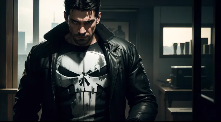 the Punisher, CGI with clear focus, Photorealistic, high detail, Realistic, Masterpiece, absurdress, Best Quality, HDR, hiquality, hight resolution, Extremely detailed, 8k wallpaper, intricate details, 8K UHD, Full-HD, (foto realista:1.2), Contrast, sharp ...