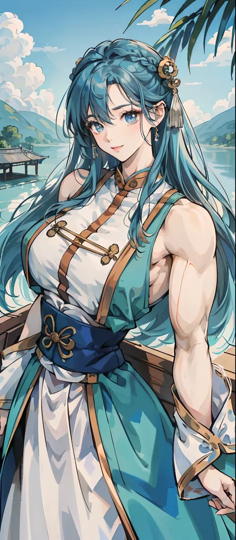 tmasterpiece，best qualtiy，offcial art，8k wallpaper，The is very detailed，illustratio，1个Giant Breast Girl，sky-bluehair，long whitr hair，Detailed eyes,Muscular，exposed bare shoulders,Muscular shoulders，Hanfu，lakes，Pure，softl smile，bamboos，Muscular female,