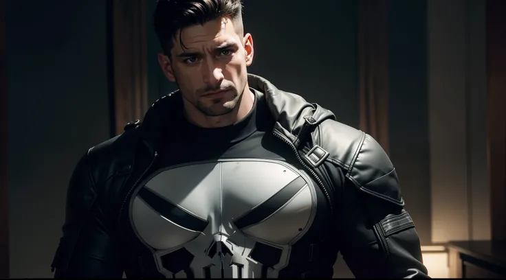 the Punisher, CGI with clear focus, Photorealistic, high detail, Realistic, Masterpiece, absurdress, Best Quality, HDR, hiquality, hight resolution, Extremely detailed, 8k wallpaper, intricate details, 8K UHD, Full-HD, (foto realista:1.2), Contrast, sharp ...