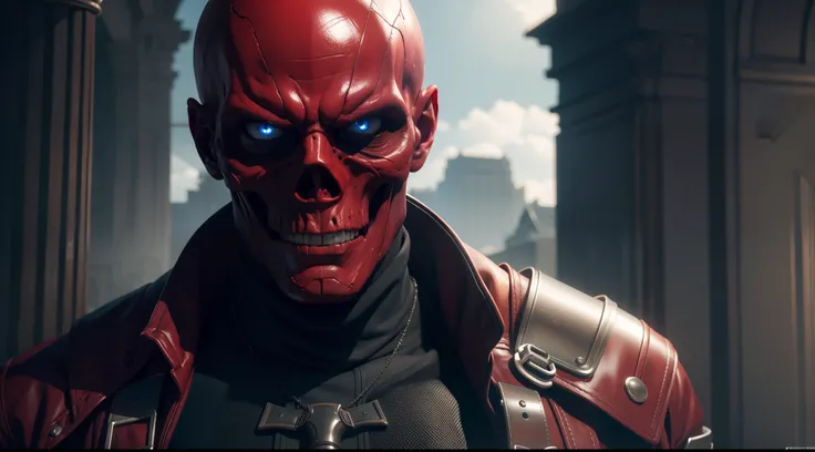 Red Skull, CGI with clear focus, Photorealistic, high detail, Realistic, Masterpiece, absurdress, Best Quality, HDR, hiquality, hight resolution, Extremely detailed, 8k wallpaper, intricate details, 8K UHD, Full-HD, (foto realista:1.2), Contrast, sharp lig...