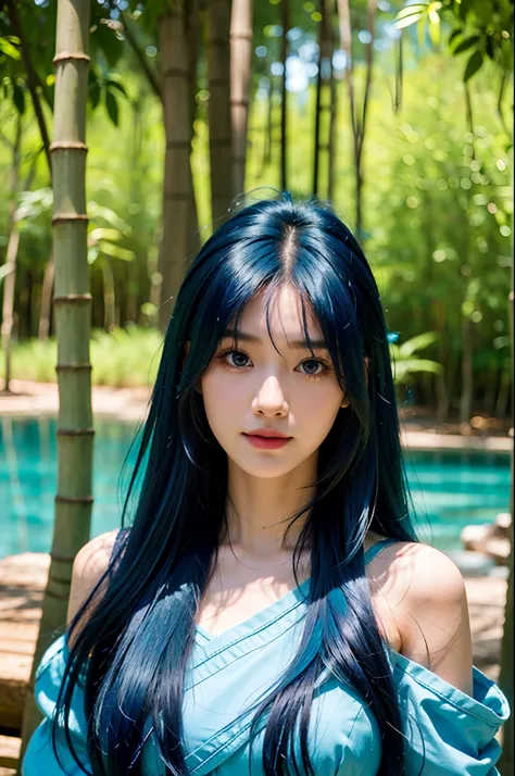 masterpiece, best quality, 8k, Very detailed, 1 girl, blue hair, long-haired, detailed eyes, Gump Forest, Bare shoulders, hanfu, lakes, Soft smile, bamboo, close up face,