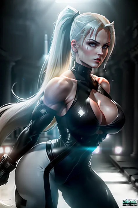 ((Sonya blade from mortal kombat series))(she has big glowing white eyes)(red lips) (very long straight blonde high pony tail hair)((very huge breasts)) (perfect slim body) (wears white bodysuit, black gloves, low cut camouflage pants) (inside dark temple)...