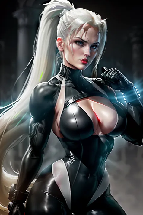 ((Sonya blade from mortal kombat series))(she has big glowing white eyes)(red lips) (very long straight blonde high pony tail hair)((very huge breasts)) (perfect slim body) (wears white bodysuit, black gloves, low cut camouflage pants) (inside dark temple)...