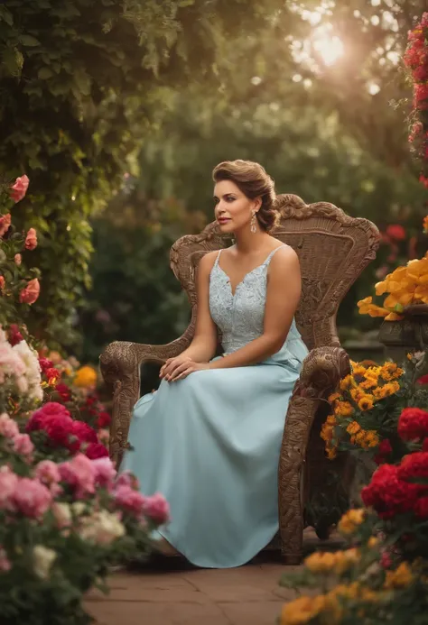 A happy, big-nosed woman is sitting in a comfortable ornate chair surrounded by flowers in a garden