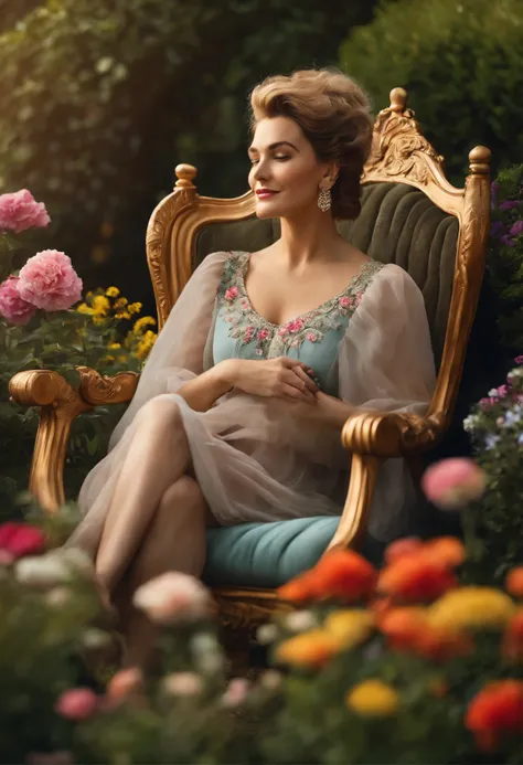 A happy, big-nosed woman is sitting in a comfortable ornate chair surrounded by flowers in a garden