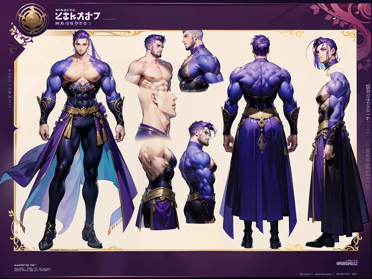 ((Masterpiece, Highest quality)), Detailed face, character design sheet， full bodyesbian, Full of details, body front view, body back view, Highly detailed, Depth, Many parts, Muscle boy with purple hair，handsome man, muscle body, outfit male gods, man tal...