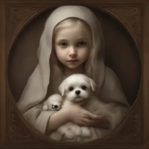 Painting of a doll holding a little Maltese puppy, brian froud, juan gimenez, anton semenov, style of emil melmoth, jean baptiste monge, brian froud style, Alex V. Dolgikh,Mark RYDEN style ARTGERM