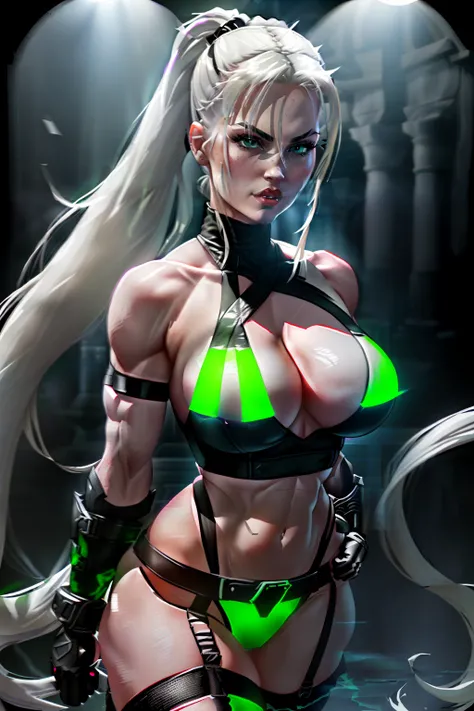 ((Sonya blade from mortal kombat series))(she has big glowing white eyes)(red lips) (very long straight blonde high pony tail hair)((very huge breasts)) (perfect slim body) (she wears white mini ttank top, anblack gloves, green camouflage liw cut pants) (i...