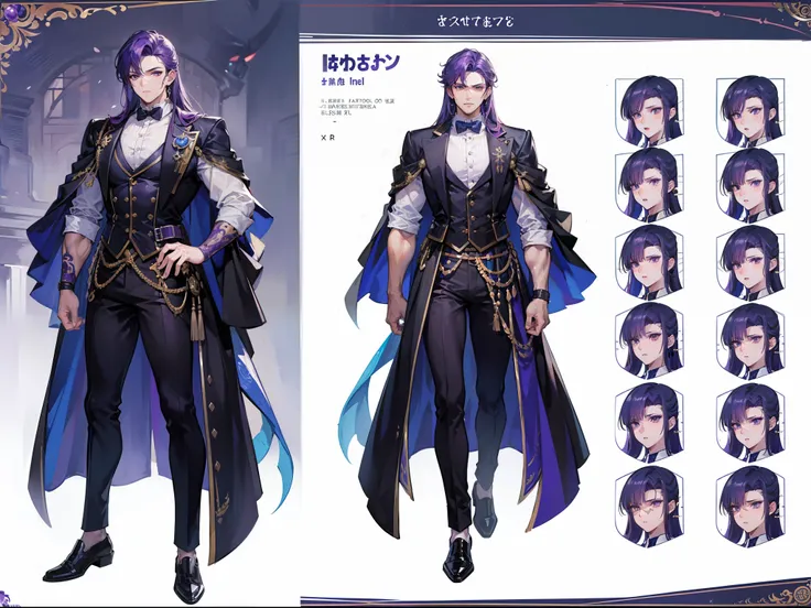 ((Masterpiece, Highest quality)), Detailed face, character design sheet， full bodyesbian, Full of details, Multiple expressions, Highly detailed, Depth, Many parts, Muscle boy with purple hair，handsome man, muscle body, outfit male gods, man tall