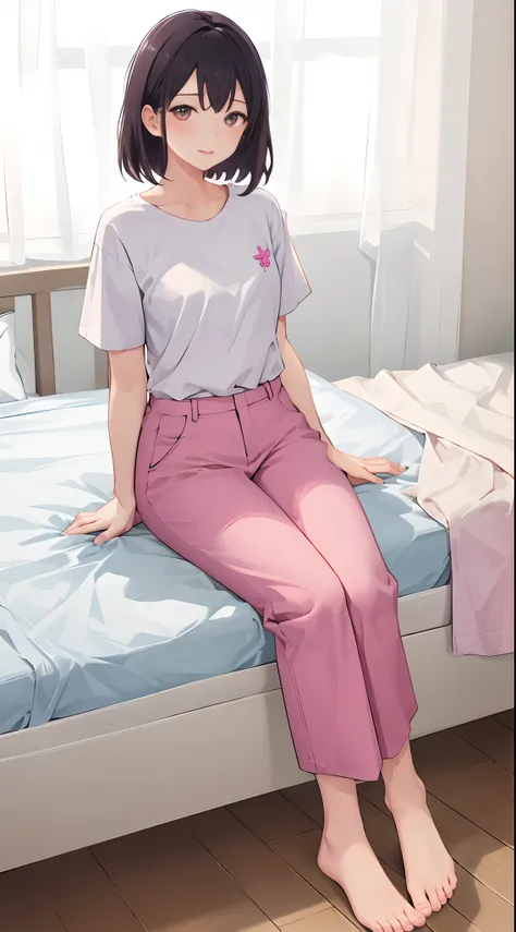 1girll, 独奏, Wear red short sleeves，Wear pink slacks，sit on a bed，The chest is large，Perfect hands