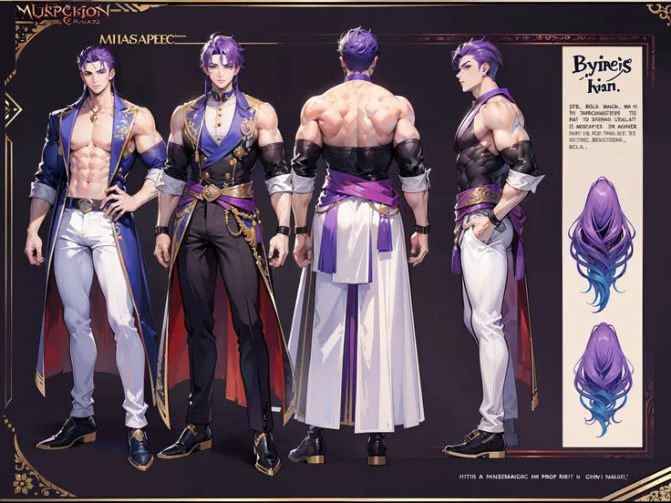 ((Masterpiece, Highest quality)), Detailed face, character design sheet， full bodyesbian, Full of details, Multiple expressions, Highly detailed, Depth, Many parts, Muscle boy with purple hair，handsome man, muscle body, outfit male gods, man tall