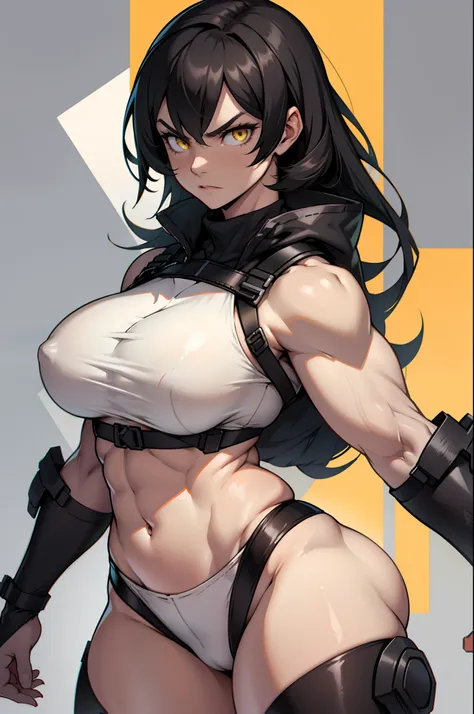 1 girl grey background muscular angry yellow eyes black hair pale skin thick thighs large breasts