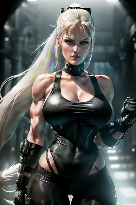 ((Sonya blade from mortal kombat series))(she has big glowing white eyes)(red lips) (very long straight blonde high pony tail hair)((very huge breasts)) (perfect slim body) (she wears white minibtank top, anblack gloves, green camouflage pants) (inside dar...