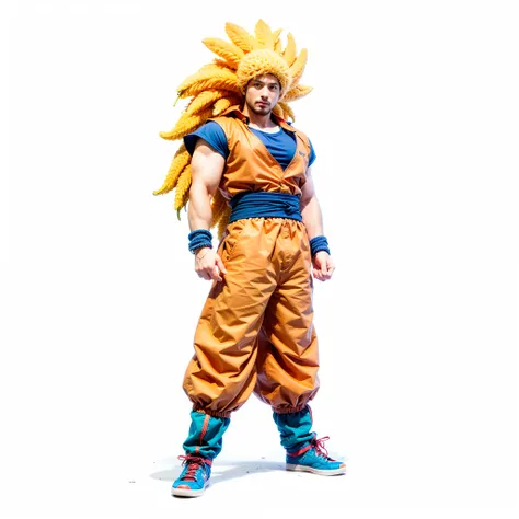 male character, with long blond hair, orange sleeveless top shirt, blue shirt underneath, blue waist belt, orange pants, blue cloth bracelet, blue cloth sneakers with red details