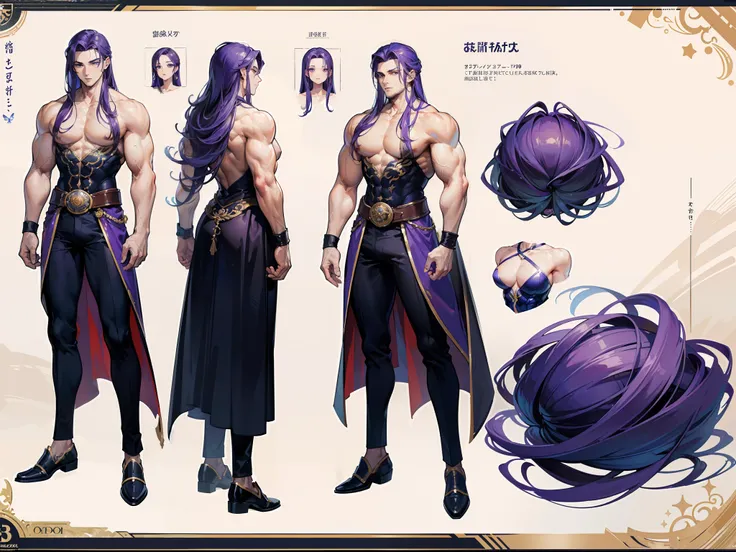 ((Masterpiece, Highest quality)), Detailed face, character design sheet, full bodyesbian, Full of details, body front view, body back view, Highly detailed, Depth, Many parts, Muscle boy with purple long hair，handsome man, muscle body, outfit male gods, ma...