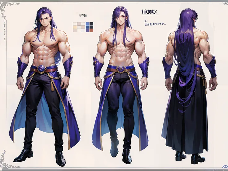 ((Masterpiece, Highest quality)), Detailed face, character design sheet， full bodyesbian, Full of details, body front view, body back view, Highly detailed, Depth, Many parts, Muscle boy with  purple long hair，handsome man, muscle body, outfit male gods, m...