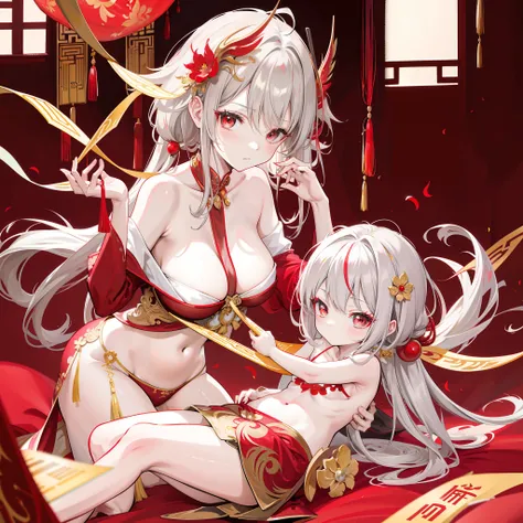 Masterpiece, Best quality,   Gold and red theme,  Suzaku fairy, Delicate messy gray hair,Naked breasts，Chinese style，（Modern classrooms：2），Little sister，（Breastfeed your child：2），（Take math lessons：3）