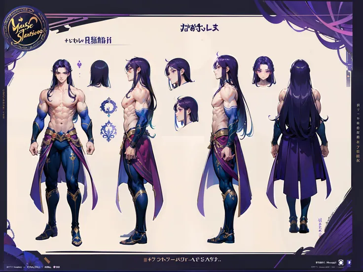 ((Masterpiece, Highest quality)), Detailed face, character design sheet， full bodyesbian, Full of details, body front view, body back view, Highly detailed, Depth, Many parts, Muscle boy with  purple long hair，handsome man, muscle body, outfit male gods, m...