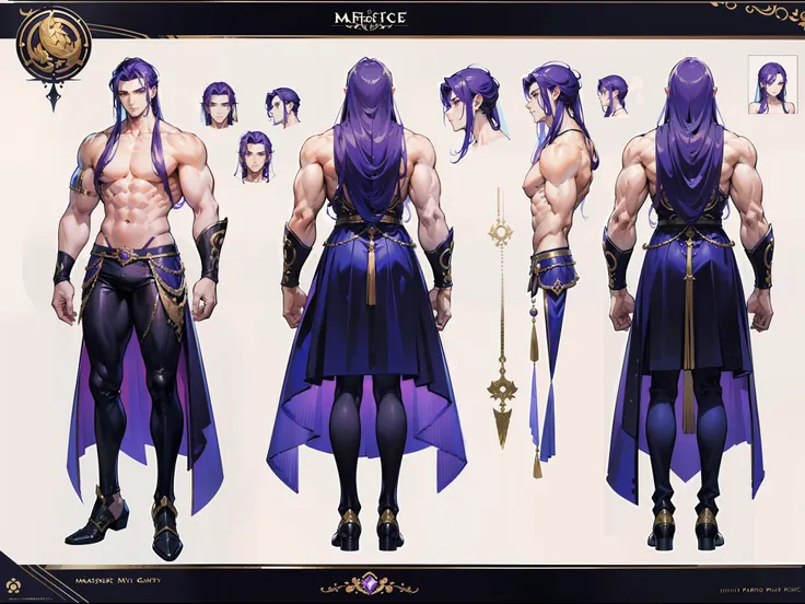 ((Masterpiece, Highest quality)), Detailed face, character design sheet， full bodyesbian, Full of details, body front view, body back view, Highly detailed, Depth, Many parts, Muscle boy with  purple long hair，handsome man, muscle body, outfit male gods, m...