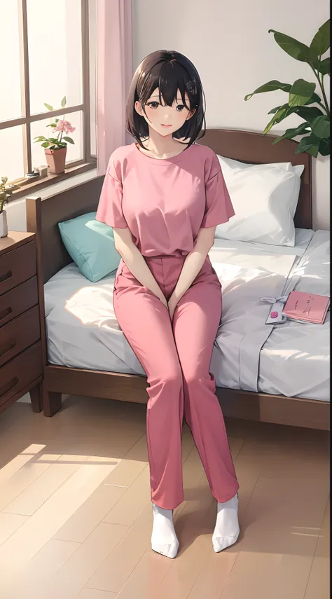 1girll, 独奏, Wear a light red T-shirt，Wear pink slacks，sit on a bed，The chest is large，Perfect hands，Black eyes