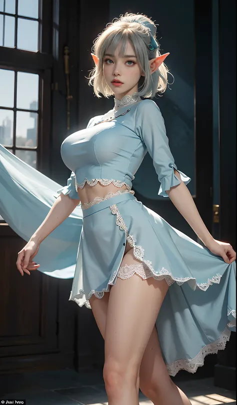 （Extremely normal body：2.0）A gorgeous stage background：1 Elf beauty，White crop top top，(Elf long ears)，Light blue ultra-short hair，extra very short hair，A bun，Blue-lace-trimmed maxi dress)，Long blue dress，The skirt that reaches the feet，White short stockin...