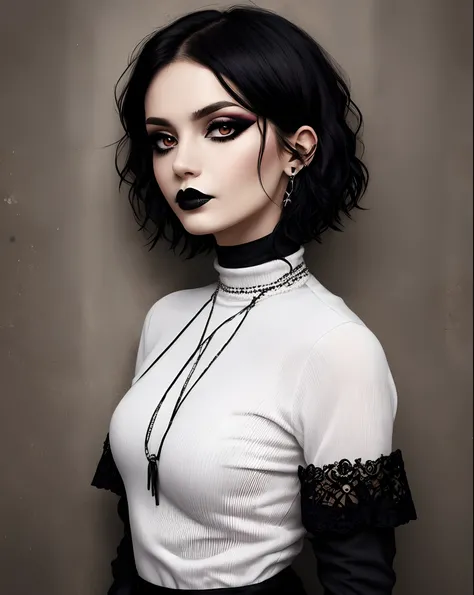 Woman, white, goth, very short black hair but, pixie cut, deadpan expression, gothic clothing, black lipstick, heavy eye make up black, black eye color, choker, black long sleeve and turtleneck outfit