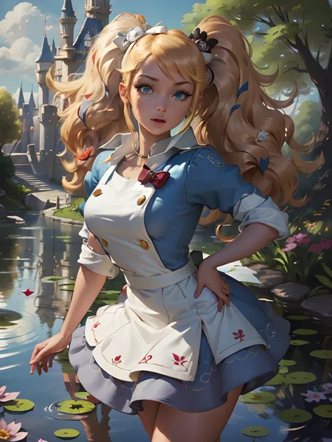 (masterpiece), (best quality), (extremely detailed), Malicious Alice liddell, blue dress, white apron,  black hairband, white stockings, showing rude string thong cute pose, in a flower garden, (pond), (((disney castle at the background))), (blue sky), (su...