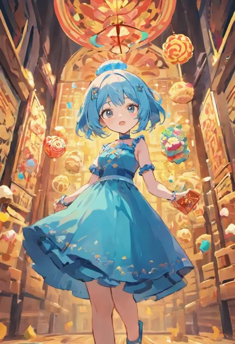 Anime girl with blue hair and blue dress holding mooncakes, small curvaceous loli, Splash art anime Loli, Rem Rezero, holding a pudica pose, render of a cute 3d anime girl, small loli girl, loli in dress, She has pale blue skin!!!, Loli, Anime style. 8K, l...