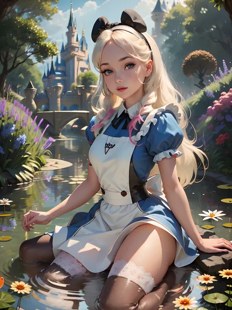 (masterpiece), (best quality), (extremely detailed), malicious alice liddell, blue dress, white apron, long pink hair, black hai...