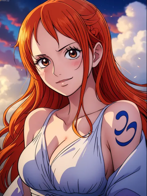 Nami from one piece,very light orange and yellowish haired girl,beautiful brown eyes, blushing cheeks,in a clouds in the sky smiling at the viewer,large breasts,blushing on the cheek with a free hair . She should be wearing a ancient greek clothes outfit.T...